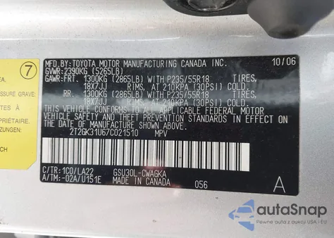 2007 Lexus Rx 350 из США, поврежденный, VIN 2T2GK31U67C021510